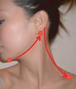 優しく揉み解すように耳の下のリンパ節を通って首から鎖骨へ流します　説明